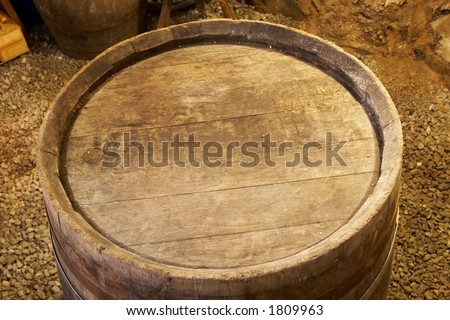 top view of a wood barrel shot in a cave