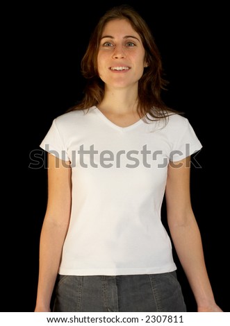 blank white t shirt back. stock photo : A cute woman modeling a white t-shirt, lank and ready