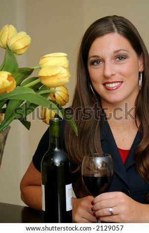 woman with wine & flowers