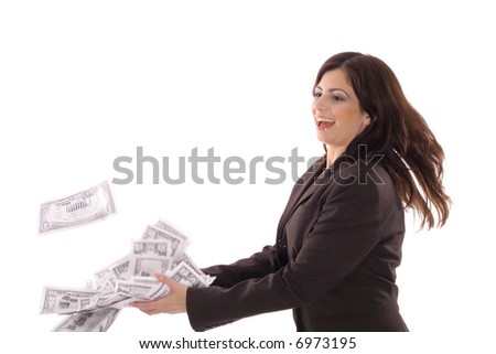 woman in business suit catching money