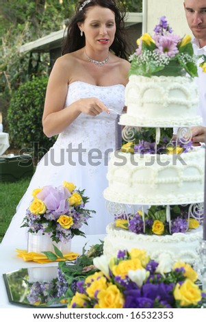 beautiful bride cutting cake