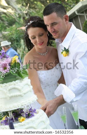 beautiful bride and groom cutting cake