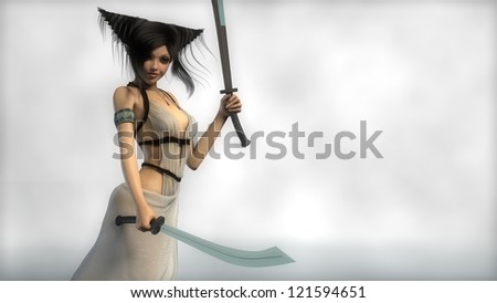 young brunette elf girl  with sabers