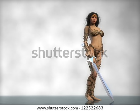 fantasy female warrior with sword and armor