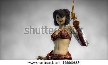 young cowgirl in red leather suite wth golden guns
