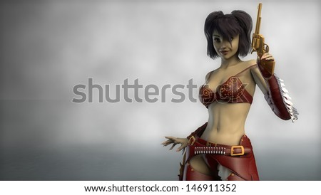 young cowgirl in red leather suite with golden gun