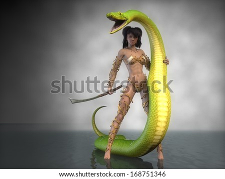 fantasy asian warrior girl with sword holds big green python