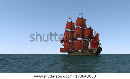 ship with red sails in the ocean