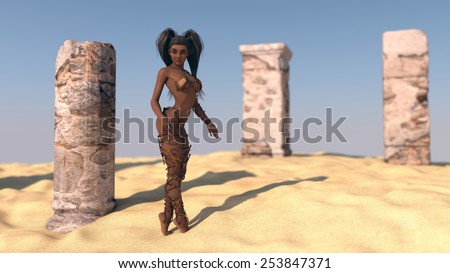 sexy african young woman posing in desert near ruins