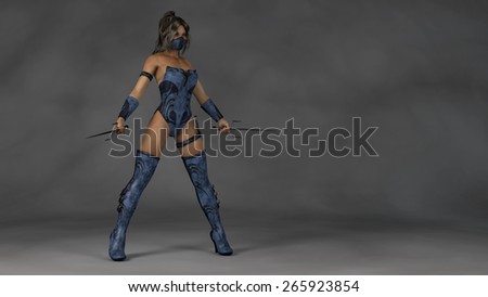 female ninja warrior in blue leather suit with sai blades