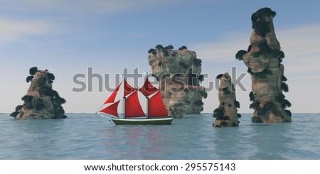ship with red sales among cliffs in the ocean