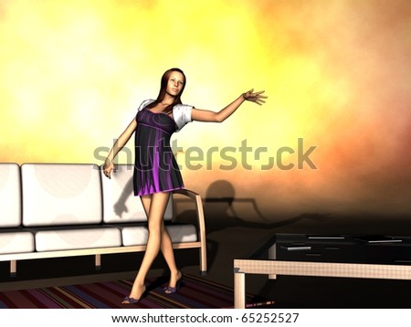 girl in violet dress posing near couch