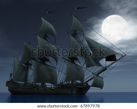 ship with sails in the ocean under the moon