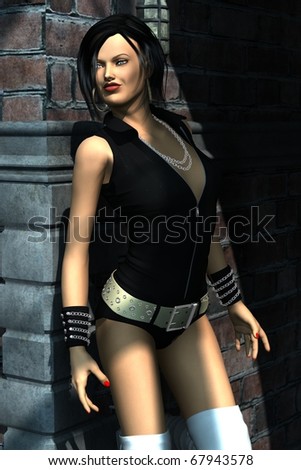 female in black leather body-suite against brick wall