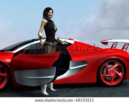 red sport car and girl in leather body-suite