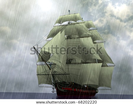 ship in the sea in storm and rain