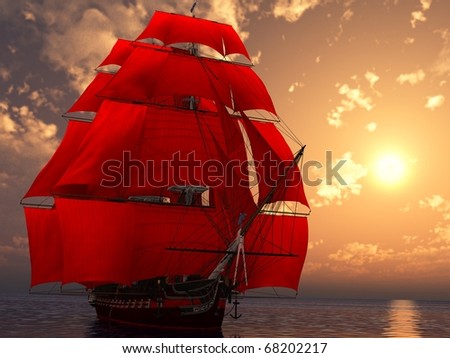 ship in the sea in sunset light with red sails