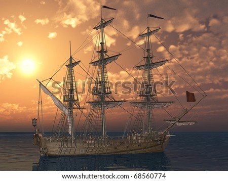 ship with sails in sunset light