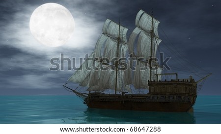 ship with sails in the ocean under the moon