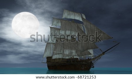 ship under the moon in the ocean