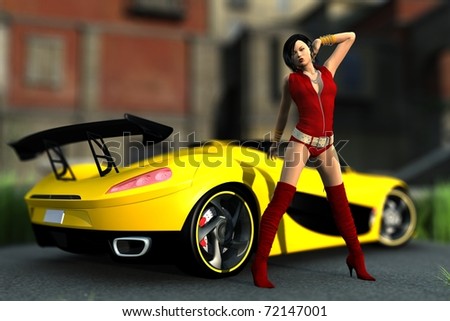 yellow sport car and sexy girl in leather suite