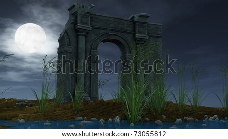 ancient ruins in moonlight