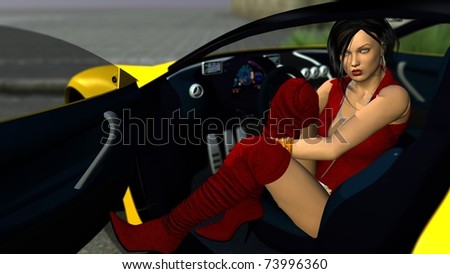 girl in red leather suite and yellow sport car