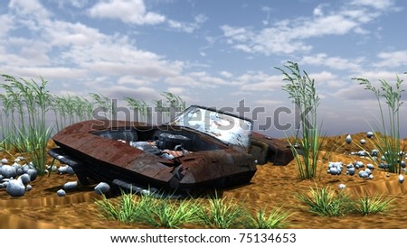 broken rusty car in desert
