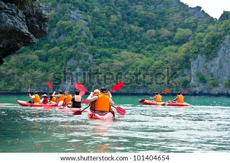Traveler kayaking in the Gulf of Thailand. Angthong National Marine Park, Suratthani province, Thailand.