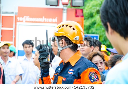 SINGBURI - JUNE 13 : Practicing fire protection plan and chemicals prepare for the officer about the Disaster Management on June 13, 2013 in Singburi, Thailand.