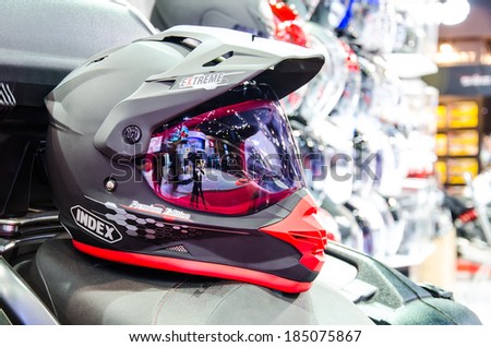 BANGKOK - MARCH 25 : Helmet of motorbike on display at The 35th Bangkok International Motor Show on March 25, 2014 in Bangkok, Thailand.