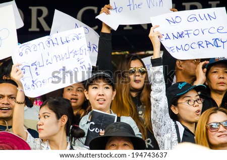 BANGKOK - MAY 24: People whom want democracy gathered at Major Cineplex Ratchayothin was against the military coup on May 24, 2014 in Bangkok, Thailand.