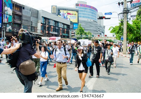 BANGKOK - MAY 24: News reporters was against the military coup of people whom want democracy gathered at Major Cineplex Ratchayothin on May 24, 2014 in Bangkok, Thailand.