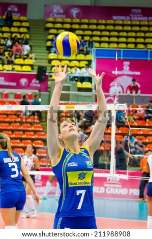 BANGKOK - AUGUST 15: Andreia Sforzin Laurence of Brazil Volleyball Team in action during The Volleyball World Grand Prix 2014 at Indoor Stadium Huamark on August 15, 2014 in Bangkok, Thailand.