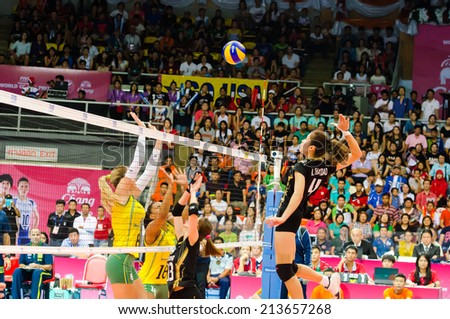 BANGKOK - AUGUST 17: Thatdao Nuekjang of Thailand Volleyball Team in action during The Volleyball World Grand Prix 2014 at Indoor Stadium Huamark on August 17, 2014 in Bangkok, Thailand.