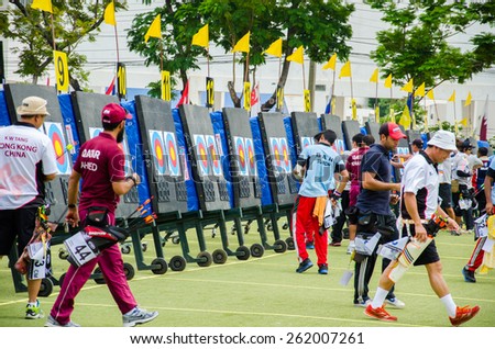 BANGKOK -MARCH 19: Unidentified archers check point in 2015 Asia Cup-World Ranking Tournament (stage II) at Hua Mak Sports Complex on March 19, 2015 in Bangkok, Thailand.