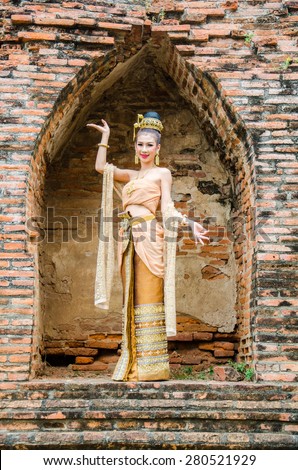 Thai woman dressing traditional.  Wearing on important Day, New Year\'s Day/ Culture traditional Day