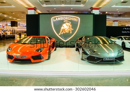 BANGKOK - AUGUST 1 : Lamborghini car on display at Bangkok International Grand Motor Sale 2015 (Big Motor Sale 2015) is exhibition of vehicles for sale on August 1, 2015 in Bangkok, Thailand.