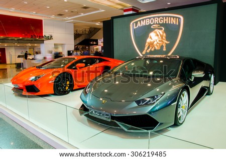 BANGKOK - AUGUST 1 : Lamborghini car on display at Bangkok International Grand Motor Sale 2015 (Big Motor Sale 2015) is exhibition of vehicles for sale on August 1, 2015 in Bangkok, Thailand.