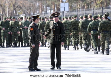 CHELYABINSK  - APRIL 12: Army prepare for the holiday parade of victory on May 9 in Urals Mountains in the city of Chelyabinsk. Russia, April 12 2011.