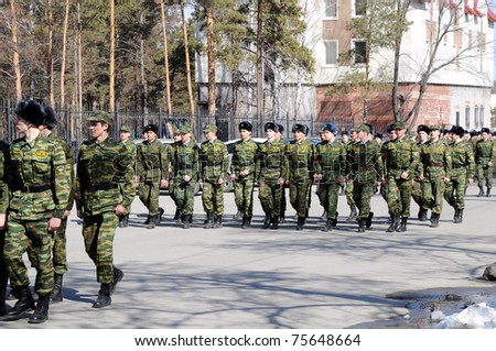 CHELYABINSK  - APRIL 12: Army prepare for the holiday parade of victory on May 9 in Urals Mountains in the city of Chelyabinsk. Russia, April 12 2011.