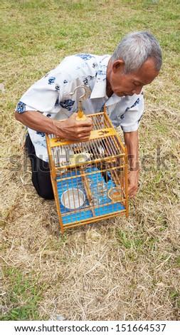 KUANTAN, MALAYSIA - AUGUST 18: An identified participant of the bird contest adjust their bird cages during famous local birds sound contest on August 18, 2013 in Kuantan, Malaysia