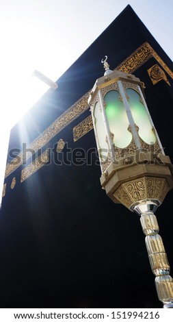 MECCA - MAY 26 : A close up view of  Kaaba at Masjidil Haram Mosque with the ray of light at the back May 26, 2013 in Mecca. Muslims all around the world face the Kaaba during prayer time.