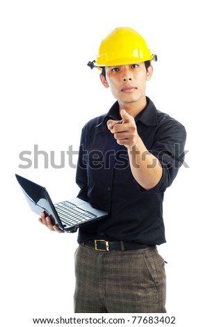 Workers wearing safety helmets holding notebook point fingers isolated white background with serious face