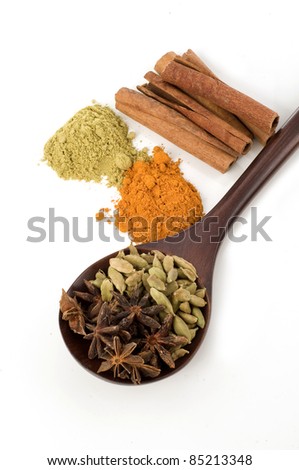 Asian herbs and spices isolated white background