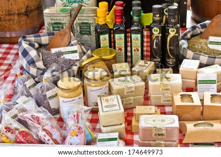 BREMEN, GERMANY - SEPTEMBER 18, 2010: A stall with natural oils, soap, honey and dried flowers on an outdoor market in Bremen.