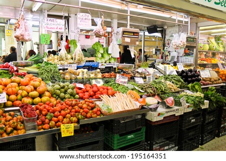 Valencia, Spain - April 13, 2013: Rich choice of fresh vegetables at the Central Market (Mercado Central) in Valencia.