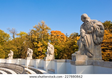Statues of famous playwrights, amphitheatre in Lazienki Park (Royal Baths Park), Warsaw, Poland