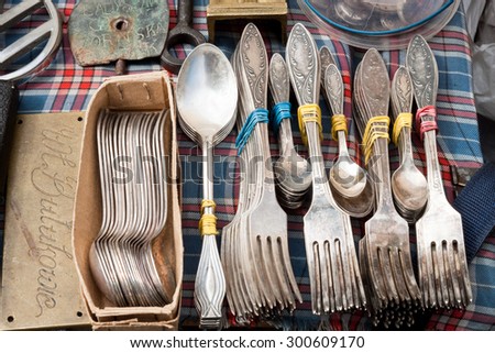 Lviv, Ukraine - July 12, 2015: Vintage silverware for sale on a flea market.
