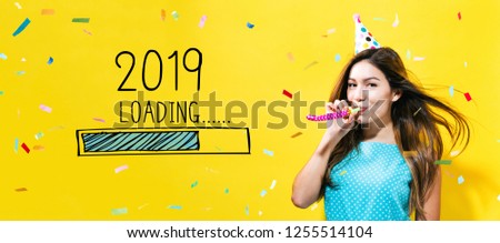 Loading new year 2019 with young woman with party theme on a yellow background